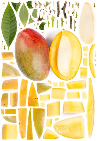 Large collection of mango fruit pieces, slices and leaves isolated on white background. Top view. Seamless abstract pattern.の写真素材