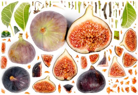 Large collection of fig fruit pieces, slices and leaves isolated on white background. Top view. Seamless abstract pattern.の写真素材