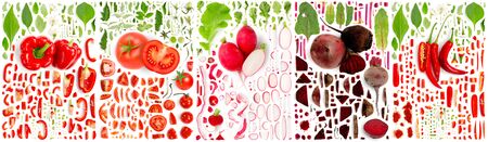 Large collection of red vegetable pieces, slices and leaves isolated on whiteの写真素材