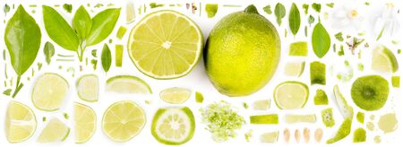 Large collection of lime fruit pieces, slices and leaves isolated on white background. Top view. Seamless abstract pattern.の写真素材