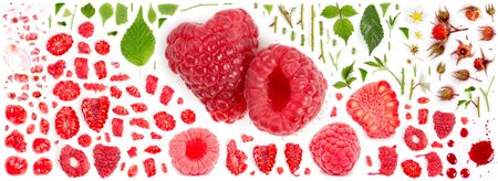 Large collection of raspberry fruit pieces, slices and leaves isolated on white background. Top...