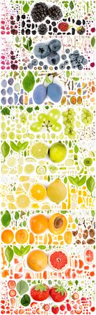 Large collection of colorful fruit pieces, slices and leaves isolated on white