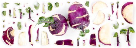 Large group of purple kohlrabi pieces isolated on white.の写真素材
