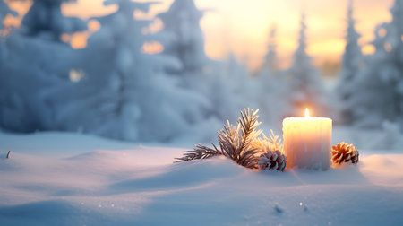 Yellow Christmas burning candle and cones with spruce branches still life on snow covered surface with snowfall and winter forest in sunset.の素材