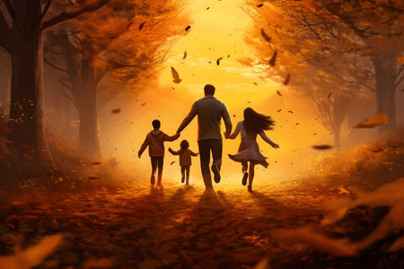 Young couple running in autumn forest having fun, romantic atmosphere, back view, orange leaves falling, backlight.の素材