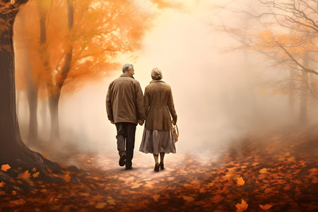 Senior couple walking in the autumn forest with fog and falling leaves.の素材