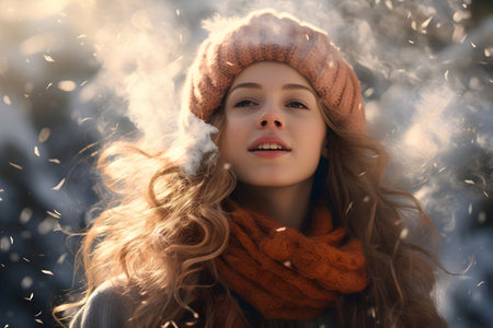 Portrait of young woman in winter foress with falling snow and backlight.の素材
