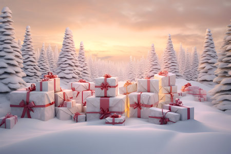 Large group of Christmas gifts with red ribbons on snow covered surface, snowfall and abstract background with snowflakes, spruce trees and sunset.の素材