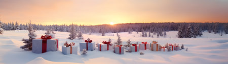 Winter landscape with gift boxes and pine trees covered with snow at sunset.の素材