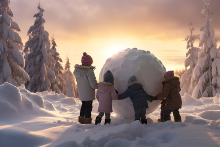 Group of children with huge snow ball in winter forest with snow covered surface, spruce trees and sunset in the background.の素材