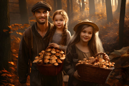 Happy children with their father carrying baskets full of mushrooms in the autumn forest.の素材