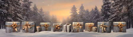 Rustic Christmas gifts with red ribbons in a large row on snow covered surface, snowfall and abstract background with snowflakes, spruce trees and sunset. Horizontal composition.の素材