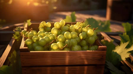 Gooseberries harvested in a wooden box in a farm with sunset. Natural organic fruit abundance. Agriculture, healthy and natural food concept.の素材