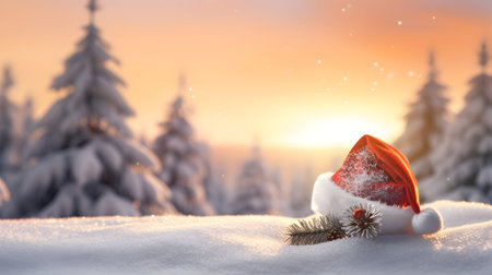 Still life with Santa Claus hat, pine cone and Christmas balls on snow covered surface inside a winter forest with spruce and fir trees and sunset in the background.の素材