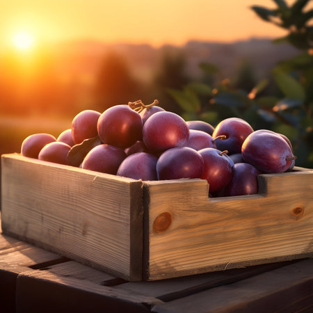 Round plums harvested in a wooden box in a farm with sunset. Natural organic fruit abundance. Agriculture, healthy and natural food concept.の素材