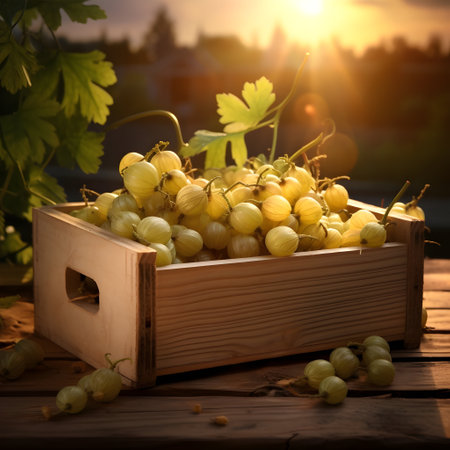 Gooseberries harvested in a wooden box in a farm with sunset. Natural organic fruit abundance. Agriculture, healthy and natural food concept.の素材