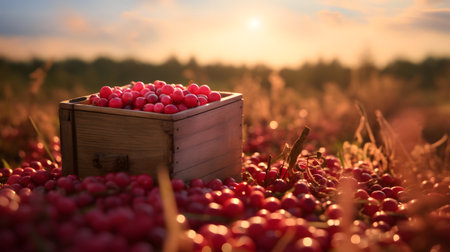Cranberries harvested in a wooden box in a farm with sunset. Natural organic fruit abundance. Agriculture, healthy and natural food concept. Horizontal composition.の素材