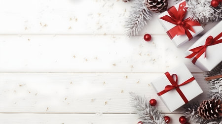 Christmas gifts with red ribbons, pine cones, spruce and fir branches and decorations on white snowy abstract background. Flat lay, top view, copyspace.の素材