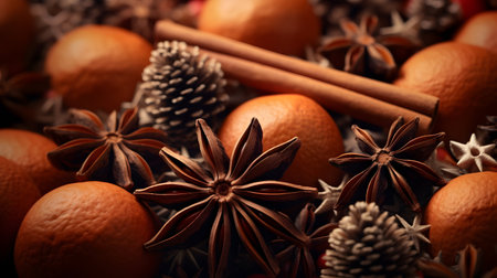 Christmas spices, fruit pieces, baubles, seeds and leaves abstract background. Horizontal composition.の素材