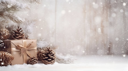 Rustic Christmas gift with brown ribbon, balls, cones and green Christmas tree on snow covered surface, snowfall and abstract wooden board and abstract background with sparkling lights and snowflakes.の素材