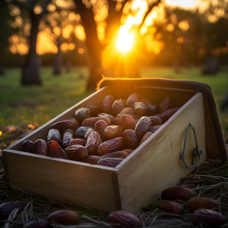 Dates harvested in a wooden box in a plantation with sunset. Natural organic fruit abundance. Agriculture, healthy and natural food concept. Square composition.の素材