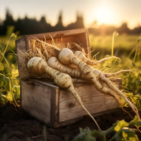 Celery root harvested in a wooden box with field and sunset in the background. Natural organic fruit abundance. Agriculture, healthy and natural food concept. Square composition.の素材