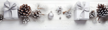 Christmas gifts with white ribbon, pine cones, spruce and fir branches and decorations in a row on white snowy abstract background. Horizontal composition, flat lay, top view.の素材