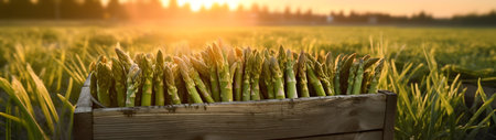 Asparagus harvested in a wooden box in artichoke field with sunset. Natural organic vegetable abundance. Agriculture, healthy and natural food concept. Horizontal composition, banner.の素材