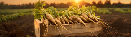 Celery root harvested in a wooden box with field and sunset in the background. Natural organic fruit abundance. Agriculture, healthy and natural food concept. Horizontal composition, banner.の素材