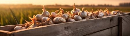 Garlic harvested in a wooden box with field and sunset in the background. Natural organic fruit abundance. Agriculture, healthy and natural food concept. Horizontal composition, banner.の素材