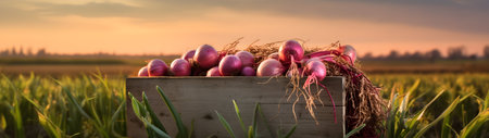 Red onions harvested in a wooden box with field and sunset in the background. Natural organic fruit abundance. Agriculture, healthy and natural food concept. Horizontal composition, banner.の素材