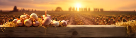 Yellow onions harvested in a wooden box with field and sunset in the background. Natural organic fruit abundance. Agriculture, healthy and natural food concept. Horizontal composition, banner.の素材