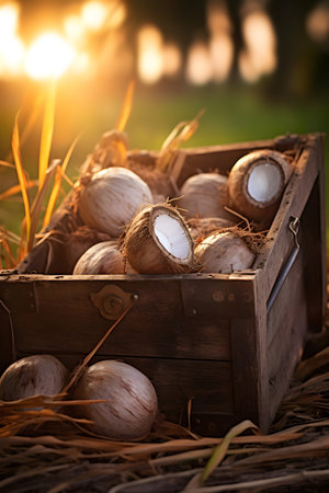 Coconuts harvested in a wooden box in a plantation with sunset. Natural organic fruit abundance. Agriculture, healthy and natural food concept. Vertical composition.の素材