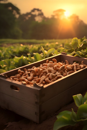 Cashew nuts harvested in a wooden box in a plantation with sunset. Natural organic fruit abundance. Agriculture, healthy and natural food concept. Vertical composition.の素材