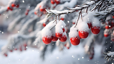 Winter tree branches covered with snow and hanging red balls and baubles with natural and snowflake abstract background.の素材