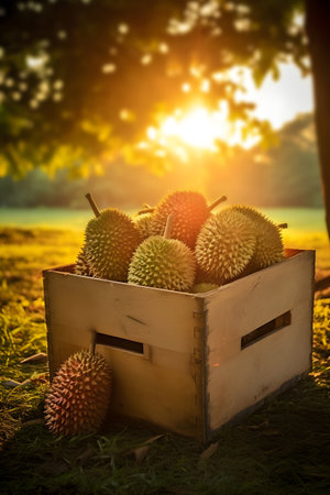 Durian fruit harvested in a wooden box in a plantation with sunset. Natural organic fruit abundance. Agriculture, healthy and natural food concept. Vertical composition.の素材