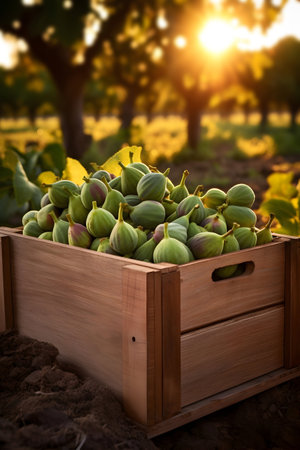 Figs harvested in a wooden box in a plantation with sunset. Natural organic fruit abundance. Agriculture, healthy and natural food concept. Vertical composition.の素材