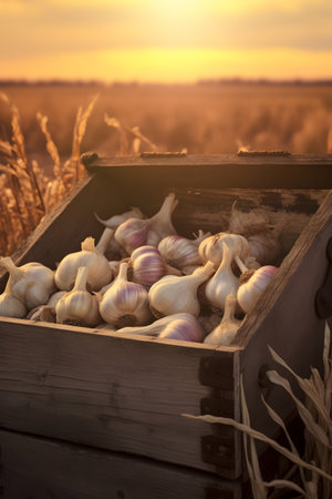 Garlic harvested in a wooden box with field and sunset in the background. Natural organic fruit abundance. Agriculture, healthy and natural food concept. Vertical composition.の素材