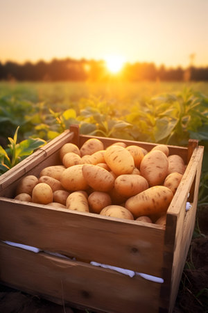 Potatoes harvested in a wooden box with field and sunset in the background. Natural organic fruit abundance. Agriculture, healthy and natural food concept. Vertical composition.の素材