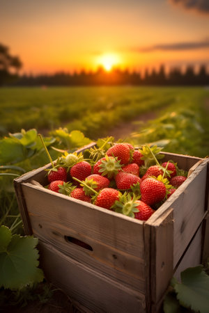 Strawberries harvested in a wooden box in a field with sunset. Natural organic fruit abundance. Agriculture, healthy and natural food concept. Vertical composition.の素材