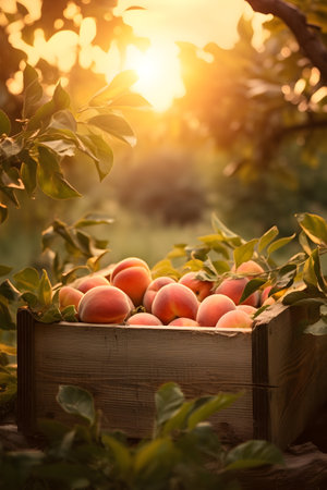 Peaches harvested in a wooden box with orchard and sunset in the background. Natural organic fruit abundance. Agriculture, healthy and natural food concept. Vertical composition.の素材