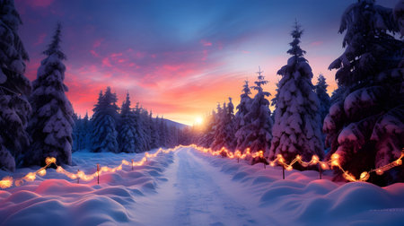 Colorful Christmas lights on spruce and fir trees covered with snow inside a winter forest in the evening with sunset.の素材