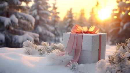 Still life with Christmas gift with orange ribbon, pine cones and branches on snow covered surface inside a winter forest with spruce and fir trees and sunset in the background.の素材