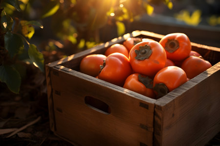 Persimmon fruit harvested in a wooden box in a field with sunset. Natural organic vegetable abundance. Agriculture, healthy and natural food concept.の素材