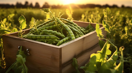 Green peas and pods harvested in a wooden box with field and sunset in the background. Natural organic fruit abundance. Agriculture, healthy and natural food concept. Horizontal composition.の素材