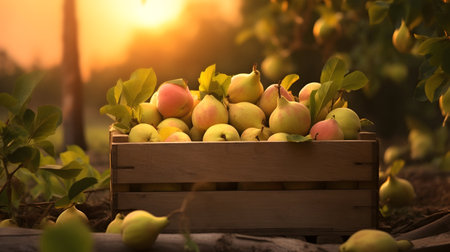 Quince fruit harvested in a wooden box in a field with sunset. Natural organic vegetable abundance. Agriculture, healthy and natural food concept.の素材