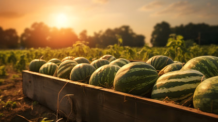 Watermelons harvested in a wooden box in a field with sunset. Natural organic vegetable abundance. Agriculture, healthy and natural food concept.の素材