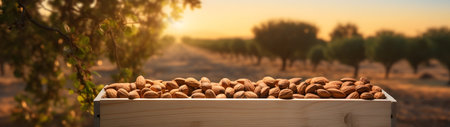 Almond nuts harvested in a wooden box in a plantation with sunset. Natural organic fruit abundance. Agriculture, healthy and natural food concept. Horizontal composition, banner.の素材