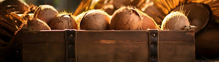 Coconuts harvested in a wooden box in a plantation with sunset. Natural organic fruit abundance. Agriculture, healthy and natural food concept.の素材