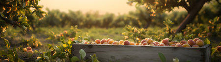 Apricots harvested in a wooden box in an orchard with sunset. Natural organic fruit abundance. Agriculture, healthy and natural food concept. Horizontal composition, banner.の素材